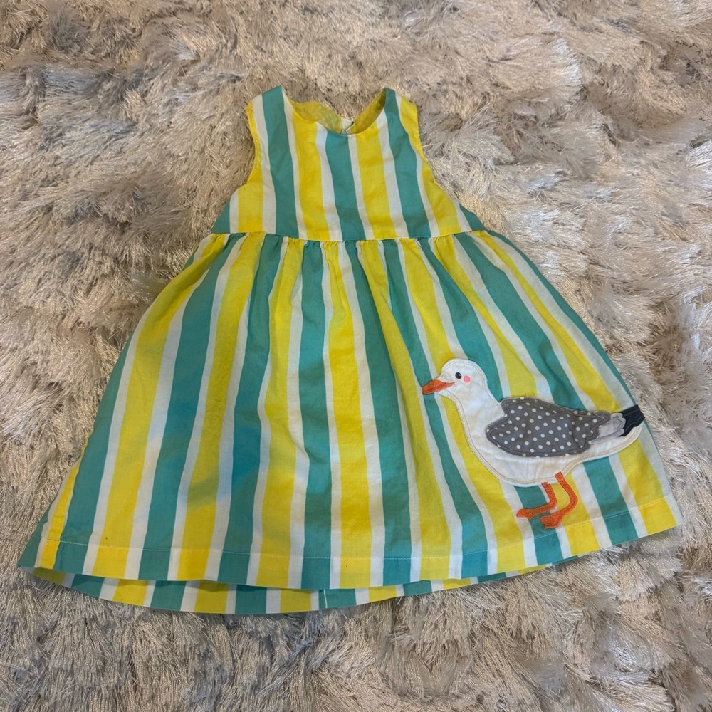 100% Cotton Baby Boden Yellow Blue Striped Spring Summer Dress Bird Beach